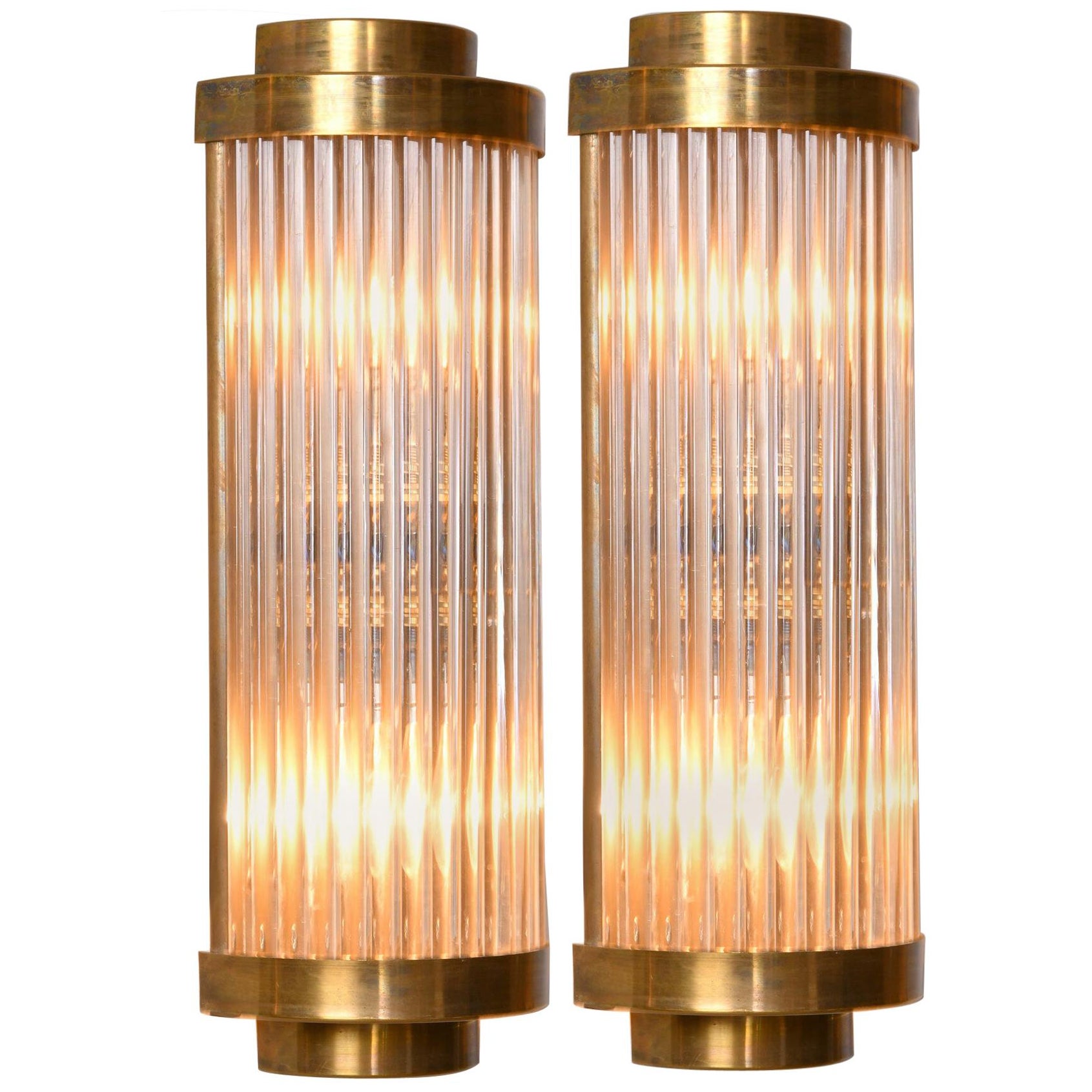 Pair of Italian brass and glass Ravello Art Deco Style Wall Lights 2 Tier ends