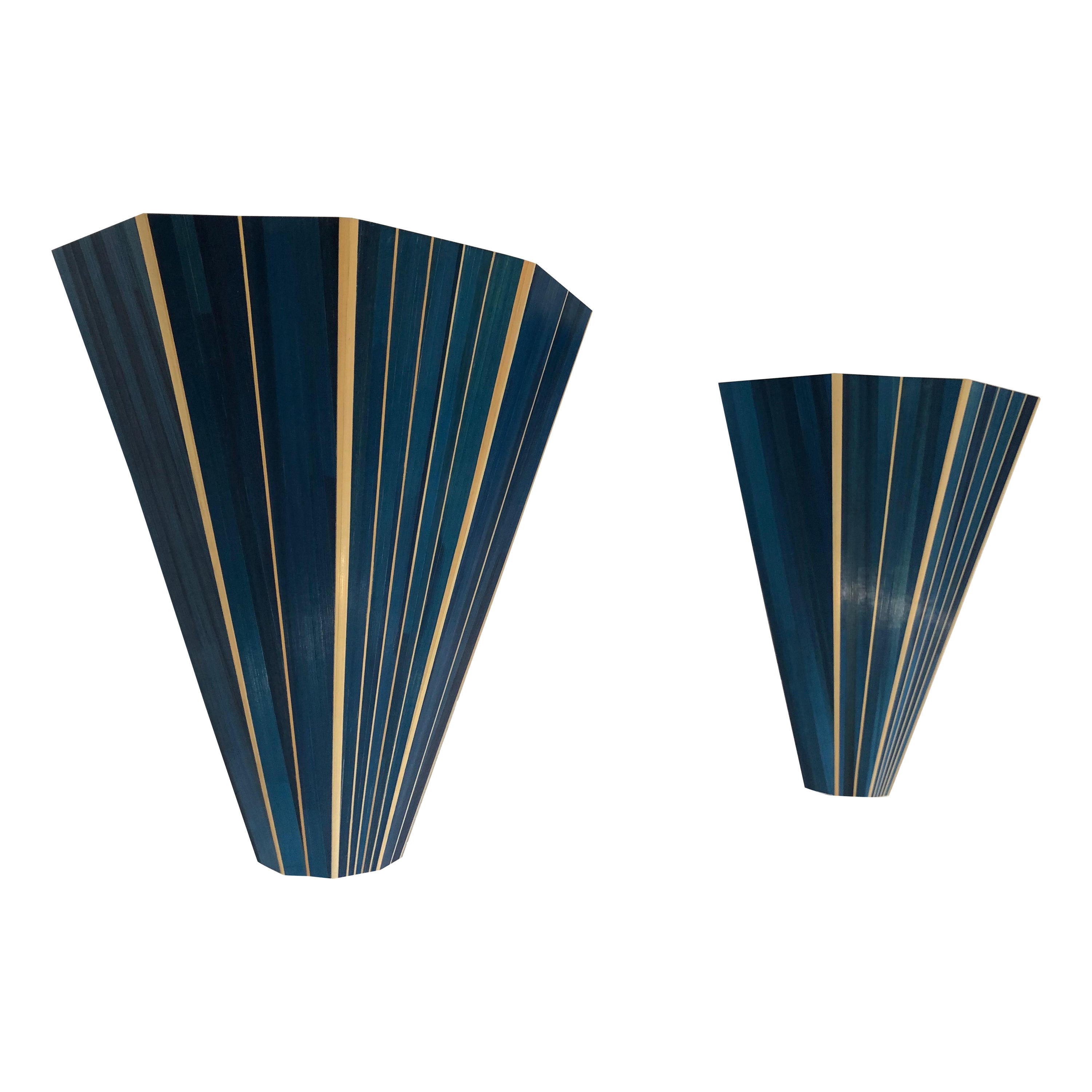 Pair of Blue Straw Marquetry Sconces, France For Sale