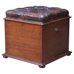 Antique 19th Century English Leather and Mahogany Storage Box Ottoman