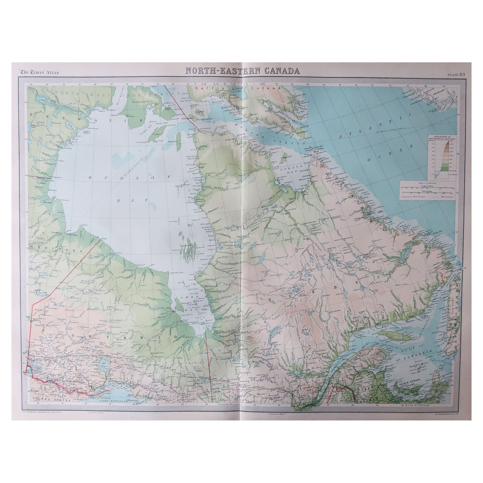 Large Original Vintage Map of Quebec & Ontario, Canada, circa 1920 For Sale