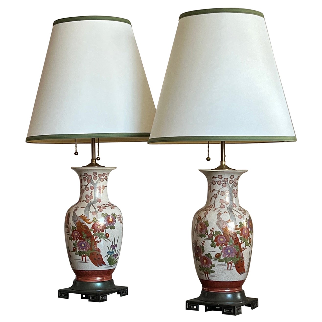 Pair of Japanese Hand Painted Lamps For Sale