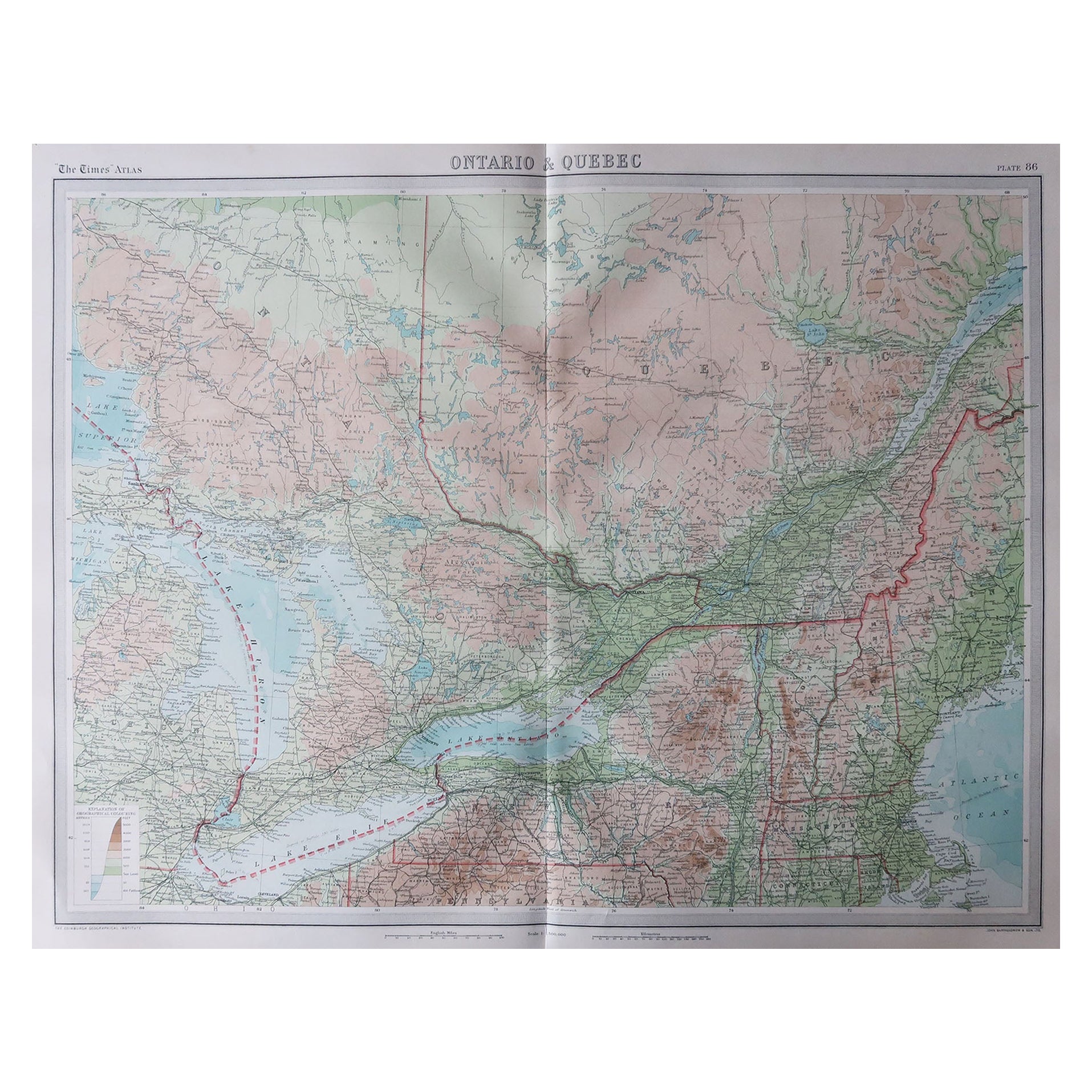 Large Original Vintage Map of the Great Lakes, Canada, circa 1920 For Sale