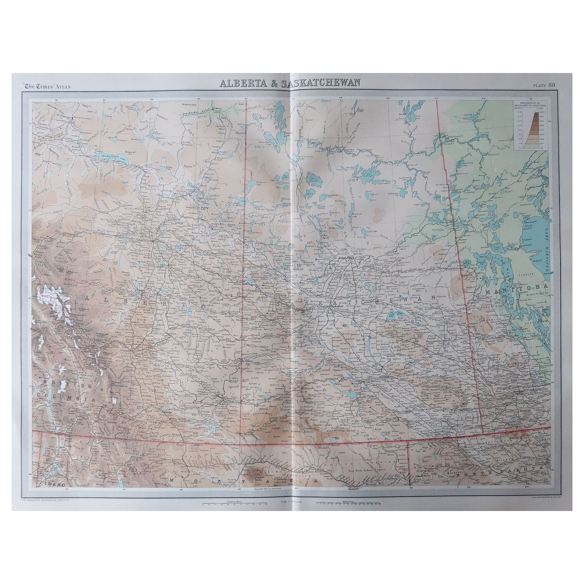 Large Original Vintage Map of Alberta & Saskatchewan, Canada, C.1920
