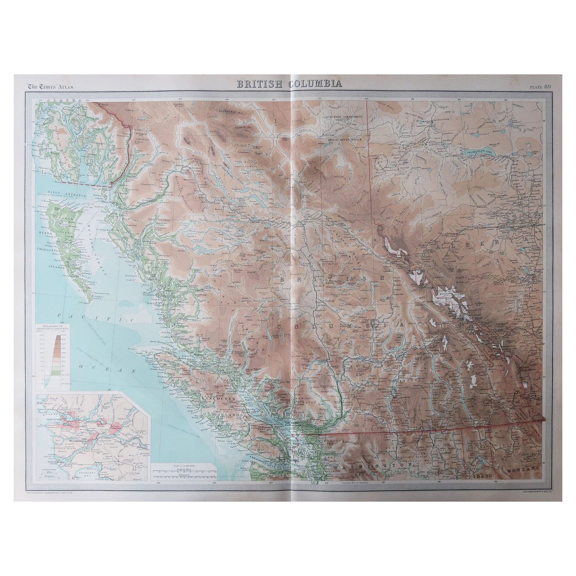 Large Original Vintage Map of British Columbia, Canada, circa 1920 For Sale