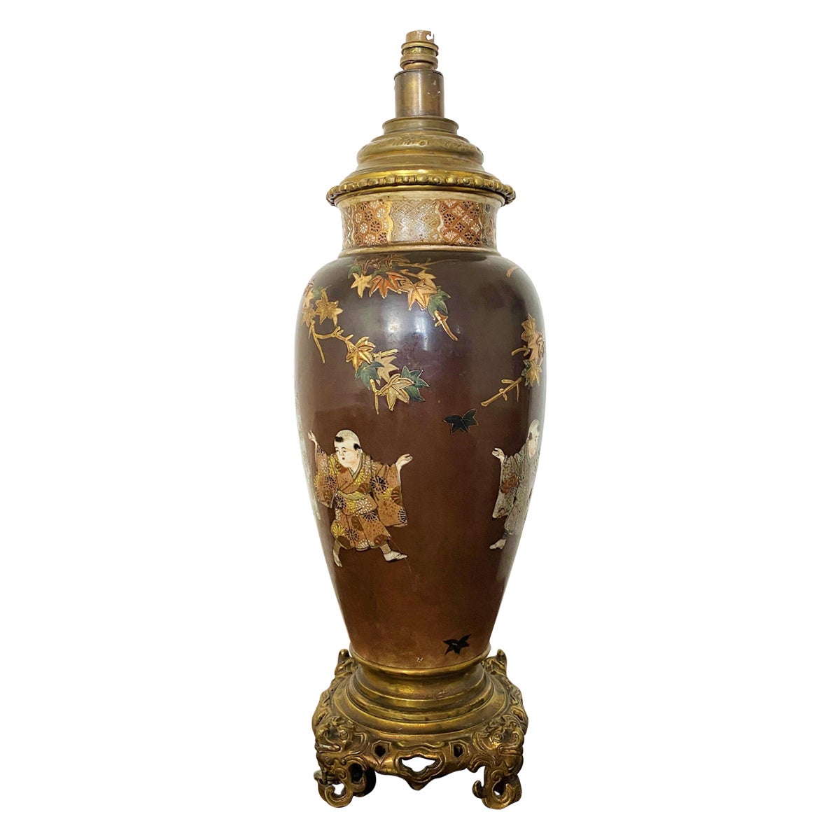 Jarrón japonés de porcelana Satsuma y bronce transformado en lámpara Siglo XIX