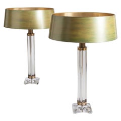 Pair of Classical Shaped Clear Murano Glass Table Lamps with Hand-Painted Shades