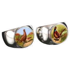 Pair of Antique Silver and Enamel Game Bird Napkin Rings