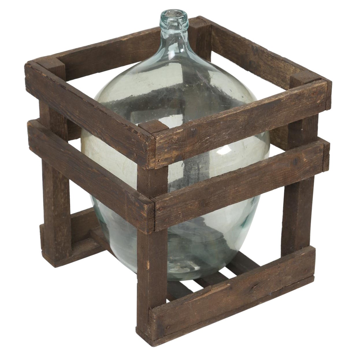 Demijohn or Carboy Glass Bottle in the Original Wooden Crate For Sale