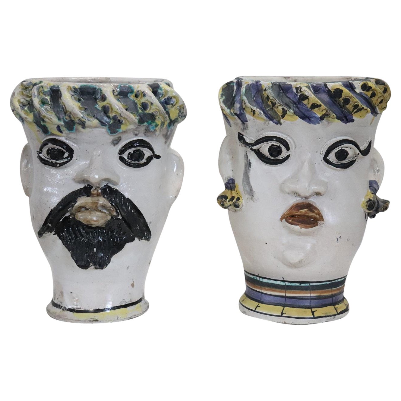 20th Century Italian Caltagirone Ceramic Vase, Set of 2, Man and Woman