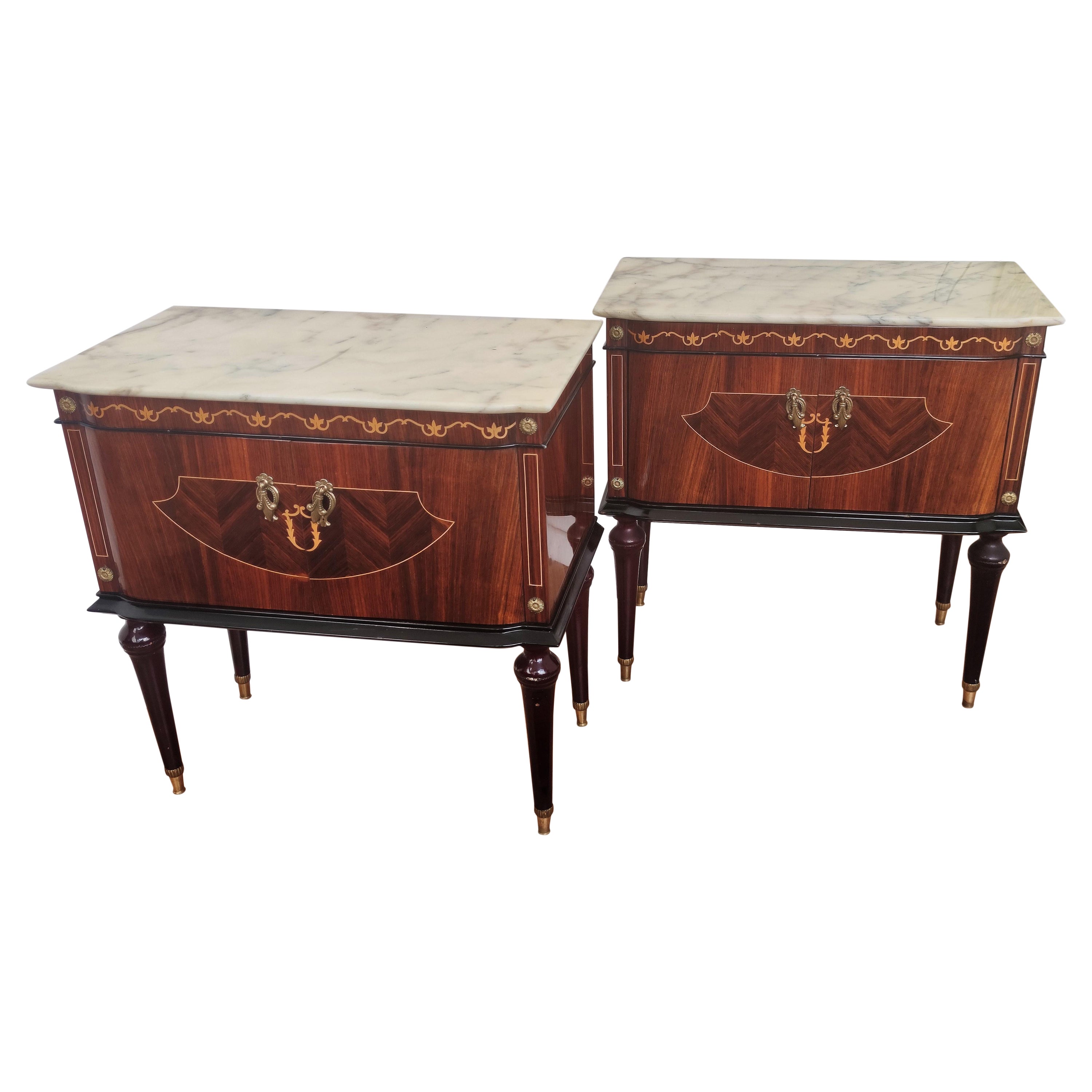 Pair of Mid-Century Italian Art Deco Nightstands Bedside Tables White Marble Top