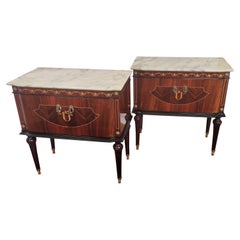 Pair of Mid-Century Italian Art Deco Nightstands Bedside Tables White Marble Top