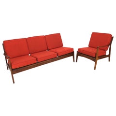 Used Danish Mid-Century Modern Walnut Lounge Chair Settee Loveseat Couch Sofa Set