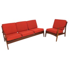 Danish Mid-Century Modern Walnut Lounge Chair Settee Loveseat Couch Sofa Set