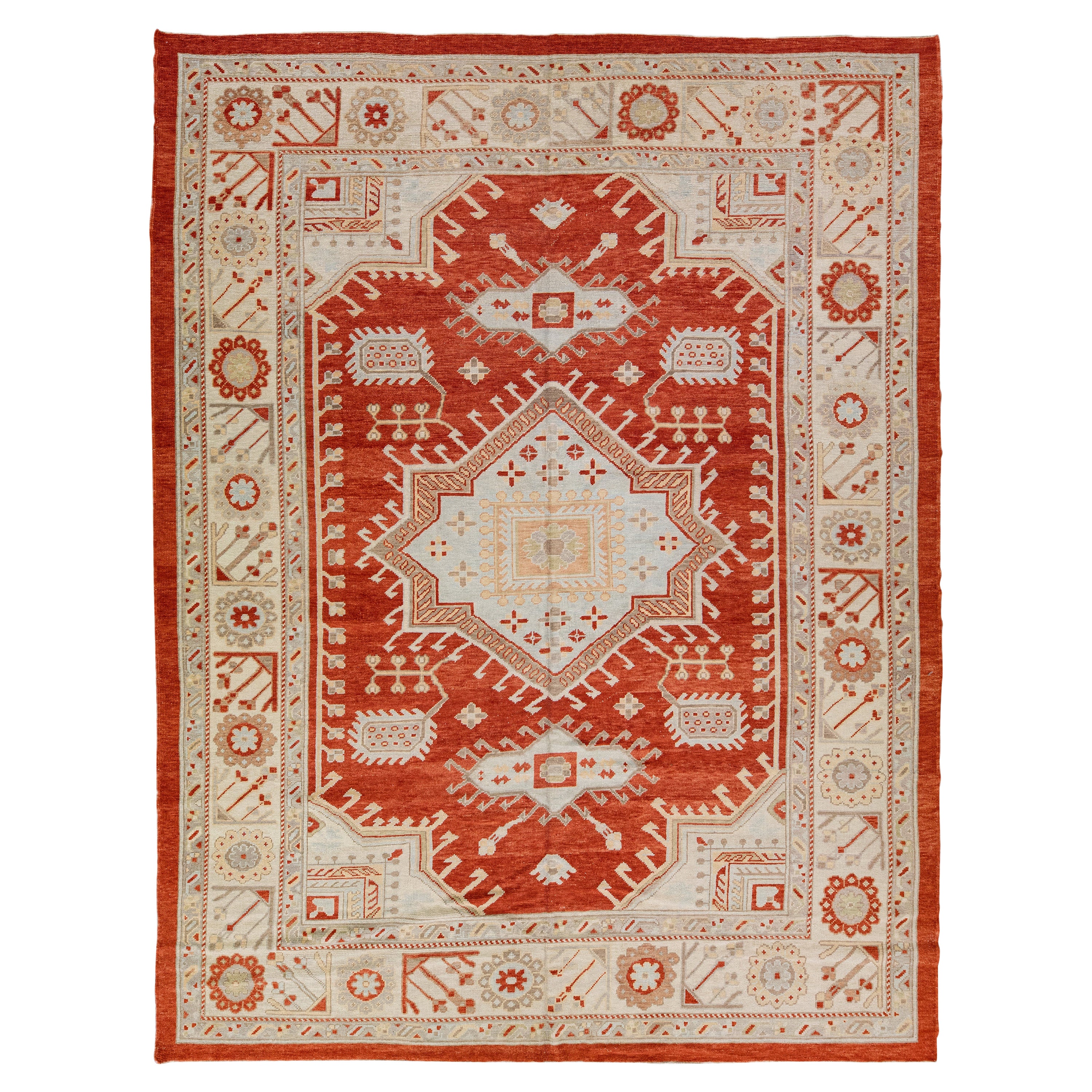 Modern Oushak Handmade Designed Wool Rug with a Terracotta Orange Color