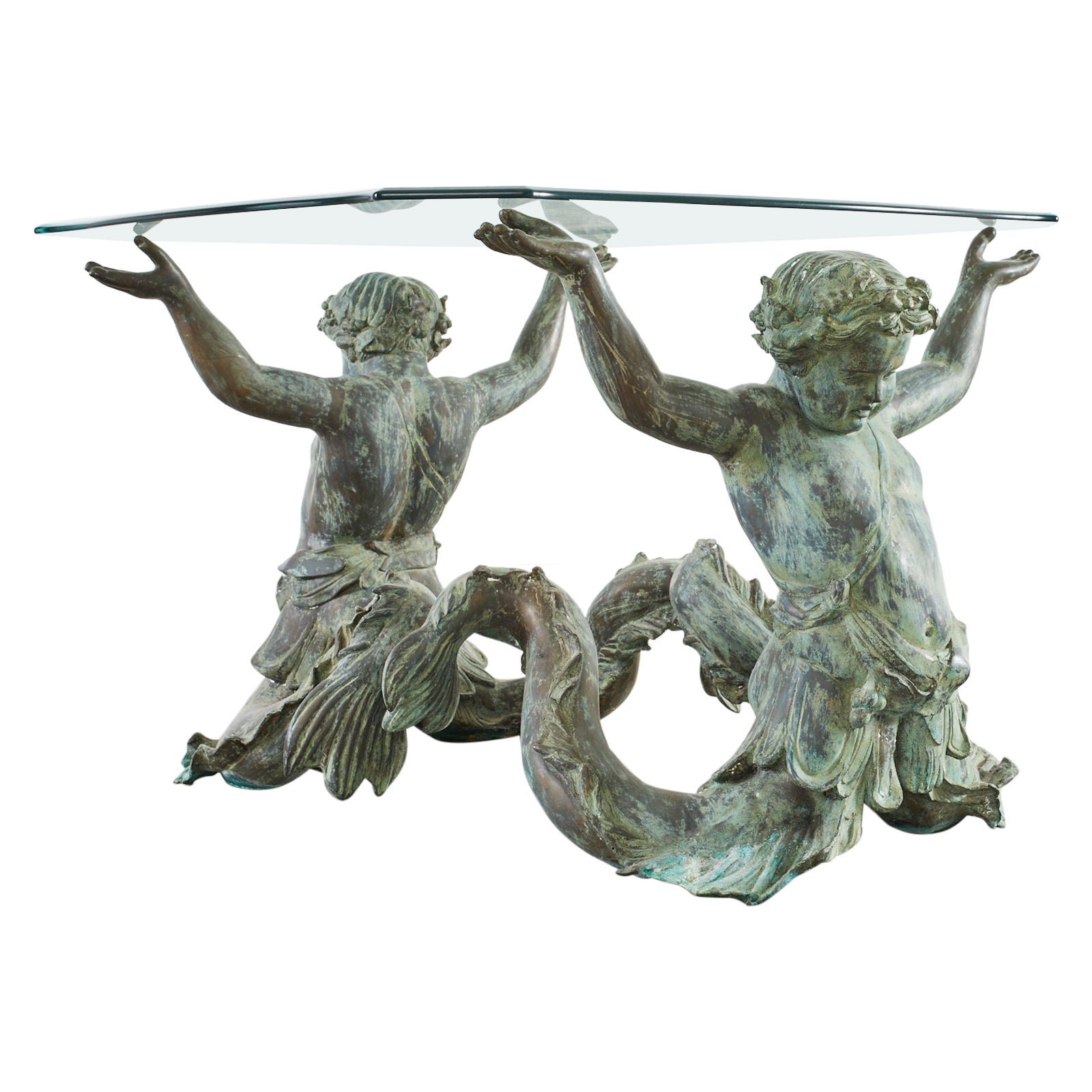 Table centrale néoclassique italienne Putti Di Mare en bronze 