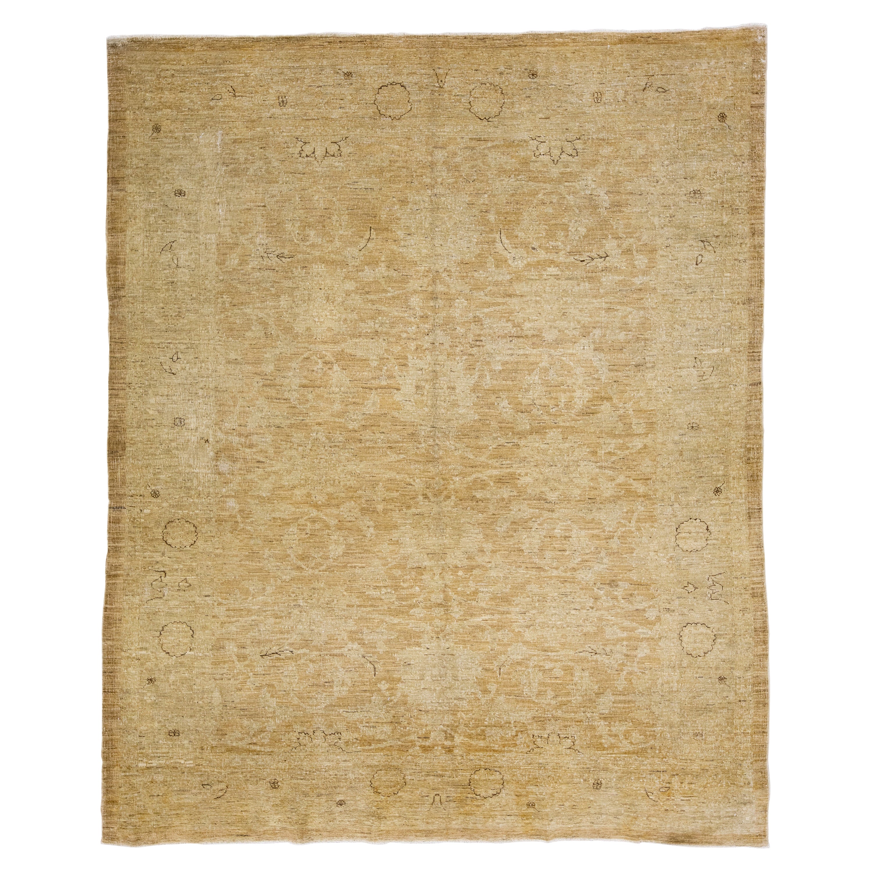 Tan Modern Tabriz Style Handmade Floral Wool Rug