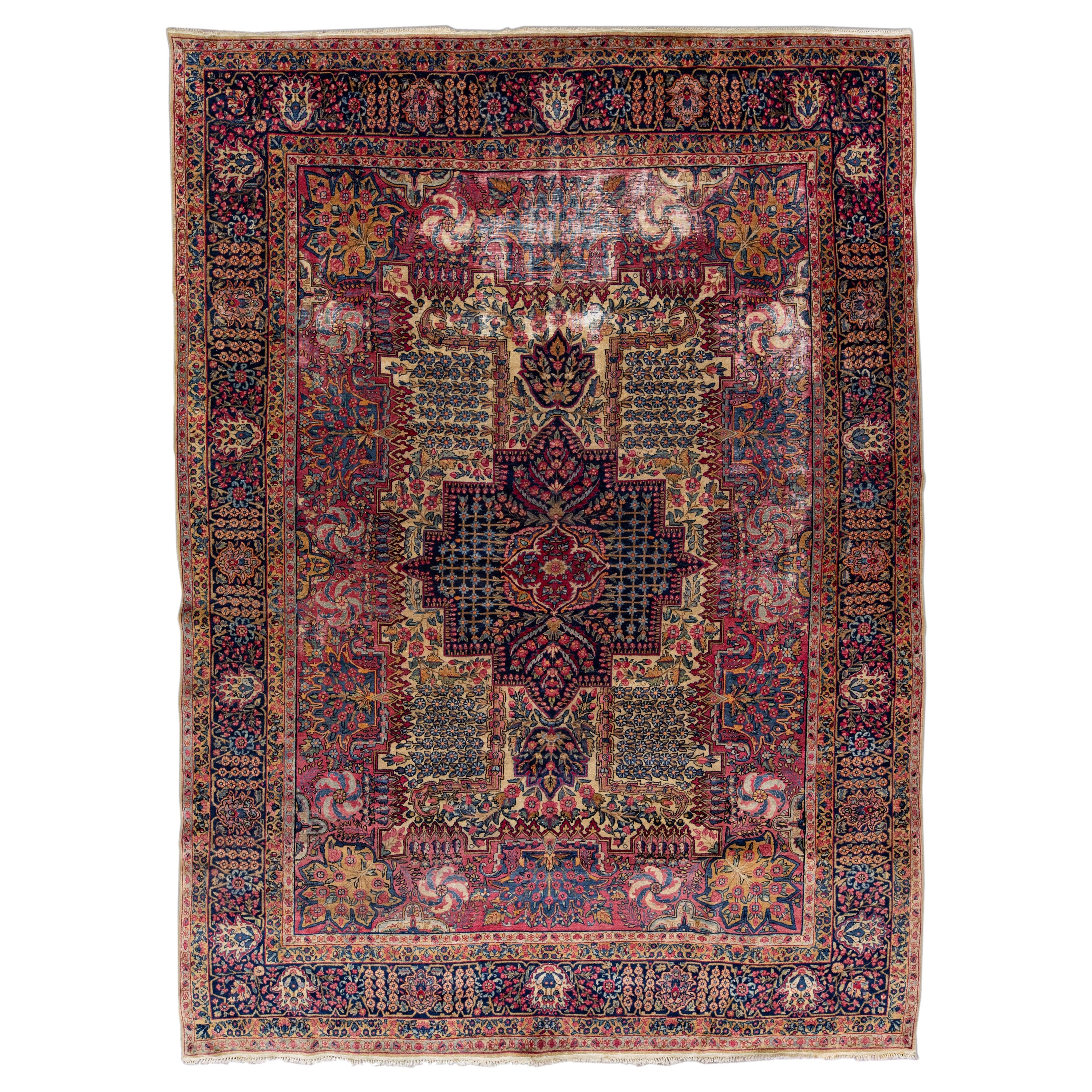 Multicolor Antique Persian Kerman Handmade Allover Designed Wool Rug For Sale