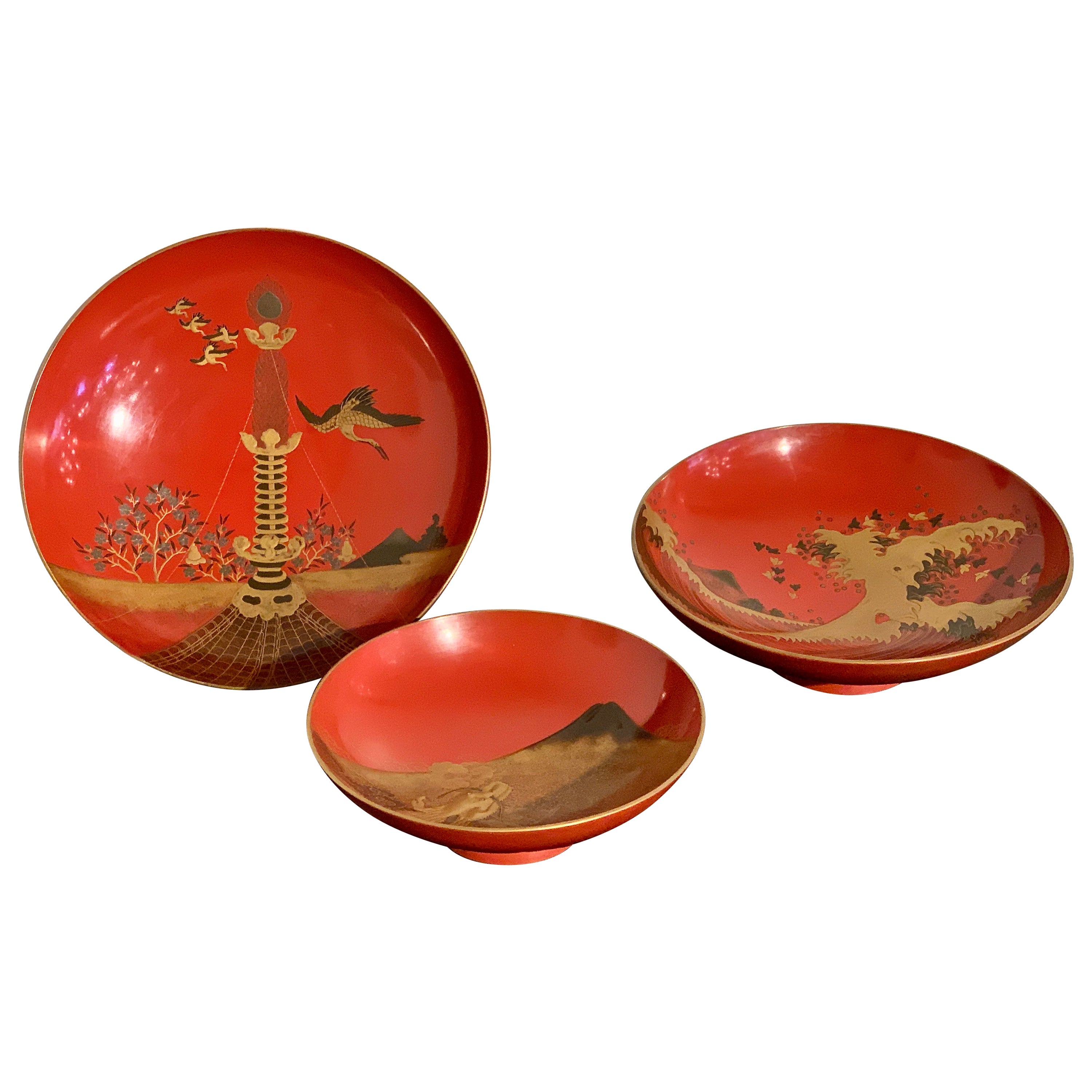 Japanese Lacquer Sake Cups, Set of 3, Meiji Period, Early 20th Century, Japan For Sale