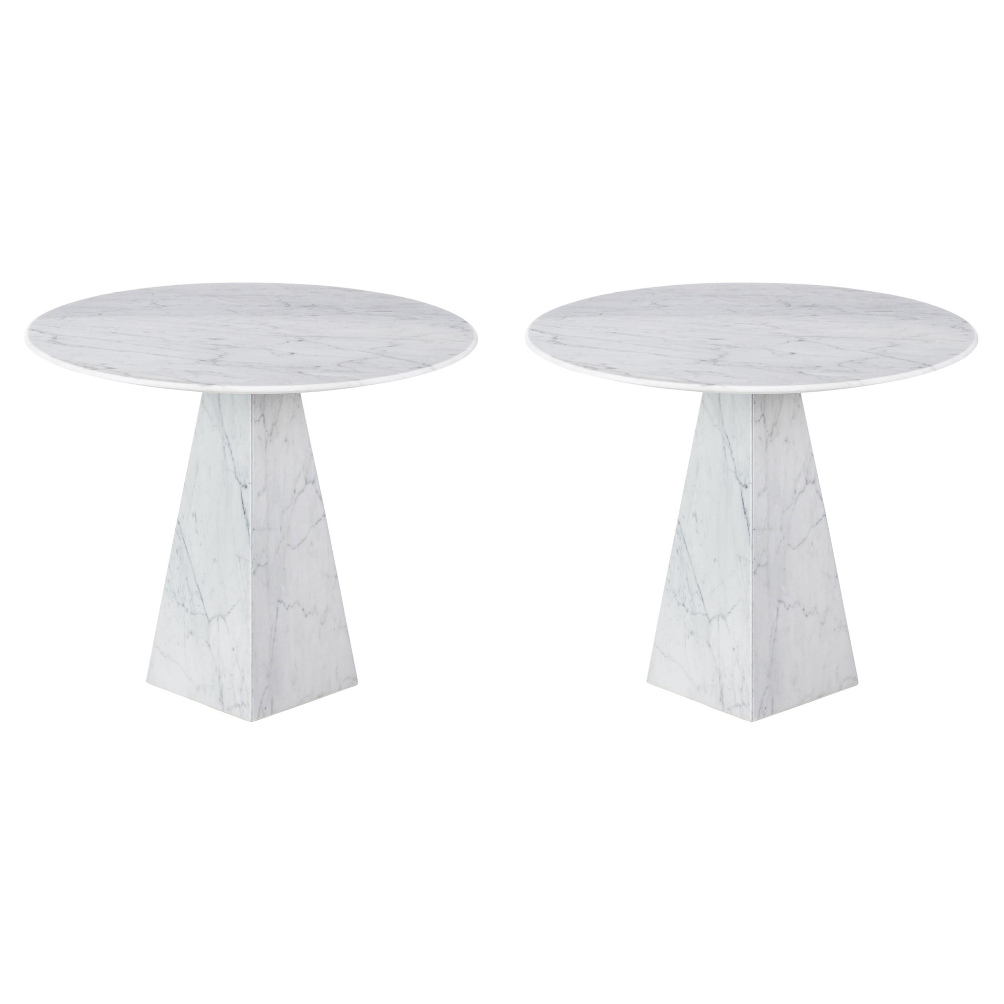 Pair of Ultra Thin White Carrara Marble Round Sidetables For Sale