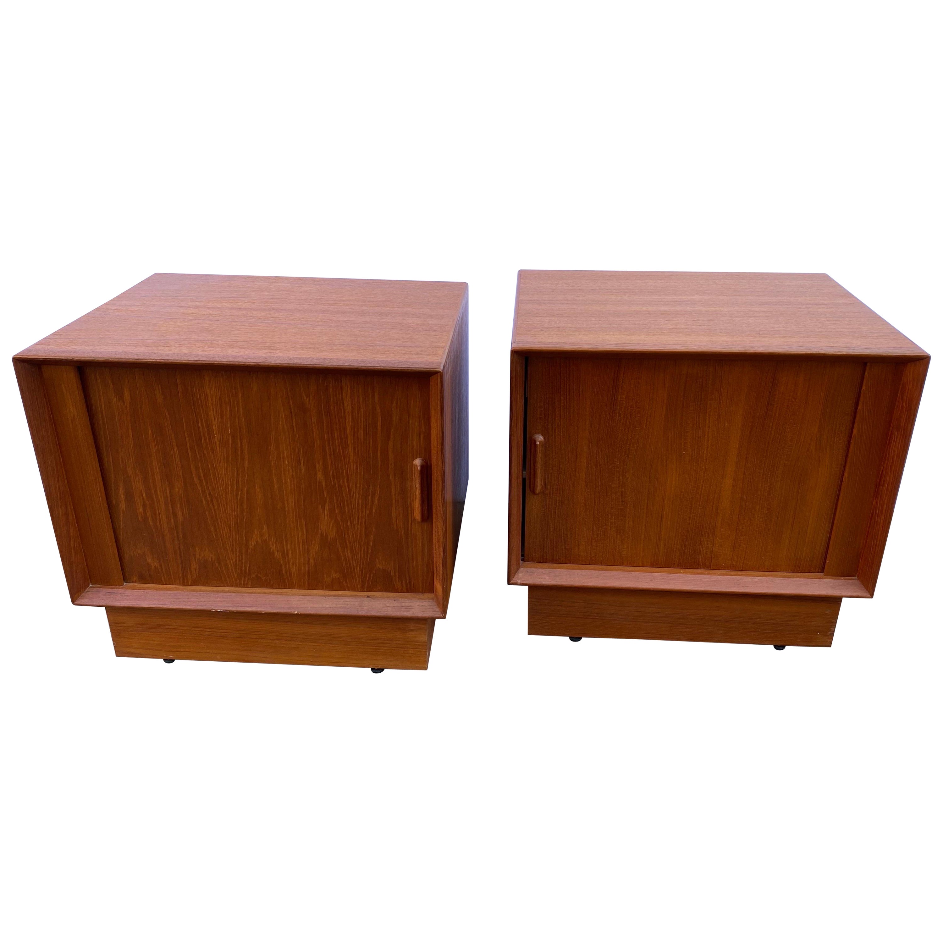 Pair Falster Teak Nightstands with Tambour Doors