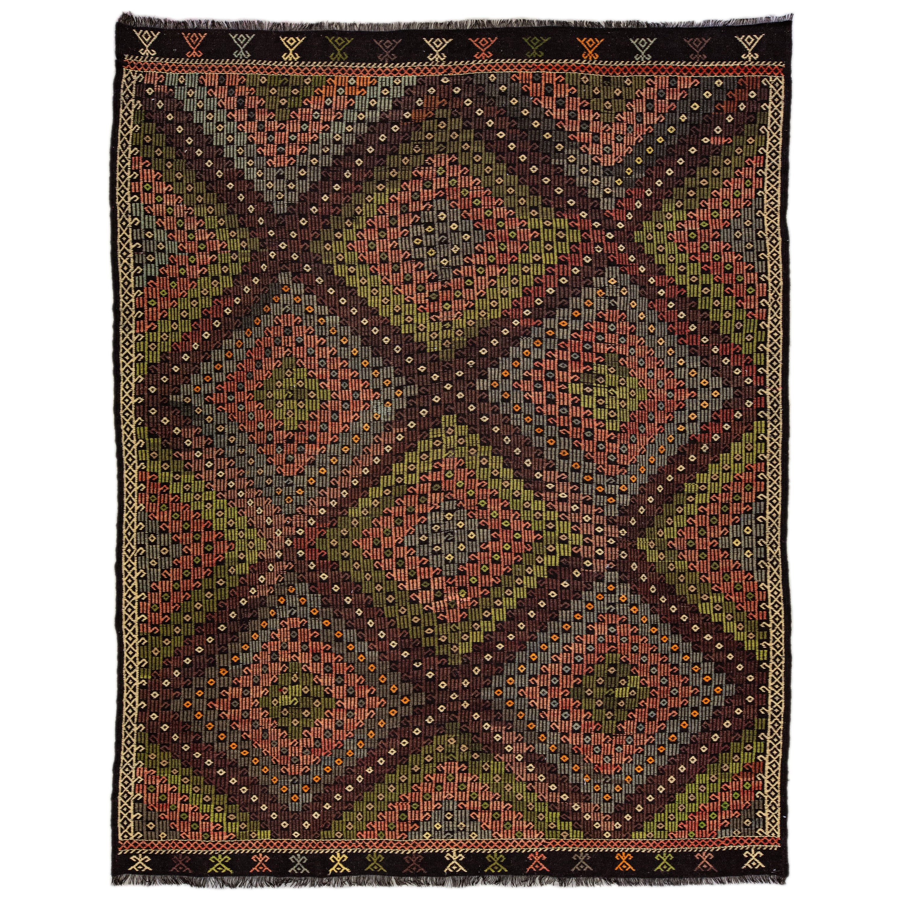 Moderner handgefertigter Soumak Wollteppich in Braun und Grün mit geometrischem Muster im Angebot