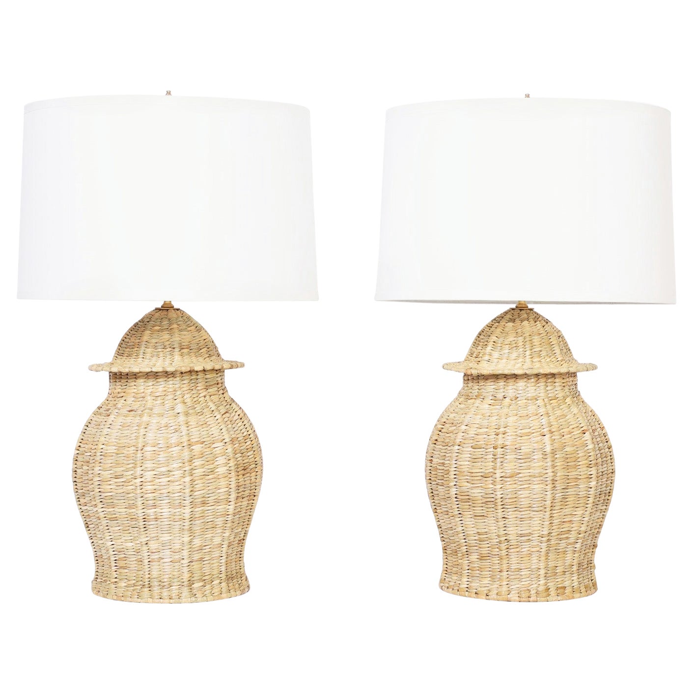 Pair of Wicker Ginger Jar Form Table Lamps from the FS Flores Collection For Sale