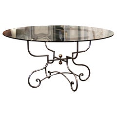 Vintage French Polished Wrought Iron Dining Table Base with Round Glass Top