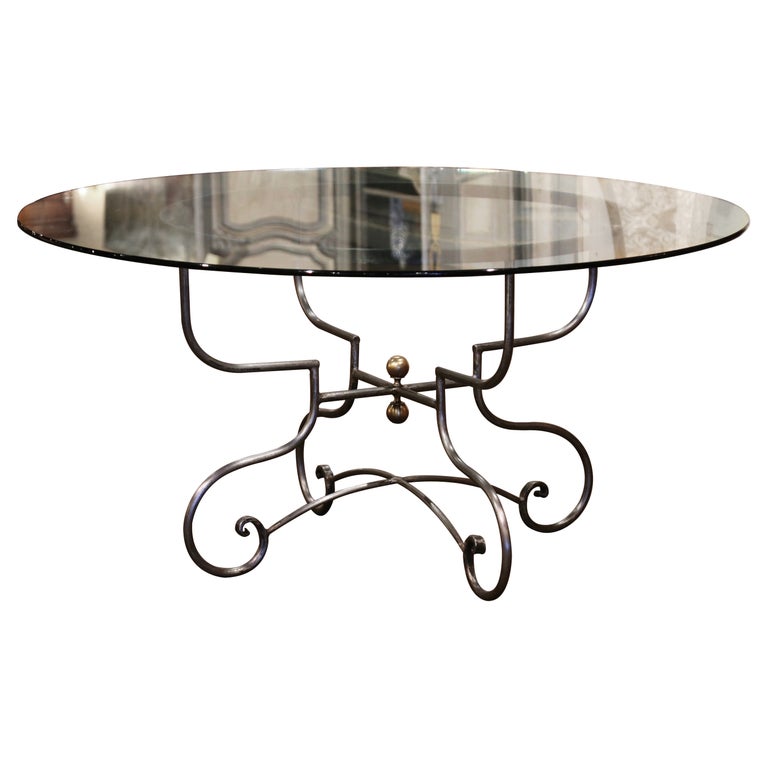Vintage French Polished Wrought Iron Dining Table Base with Round Glass