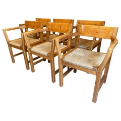 Set of 6 Pine & Rush Dining Chairs, Scandinavian Modern, 1970's
