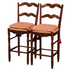 Used Pair of Country French Carved Ladder Back Bar Stools with Rush Seat