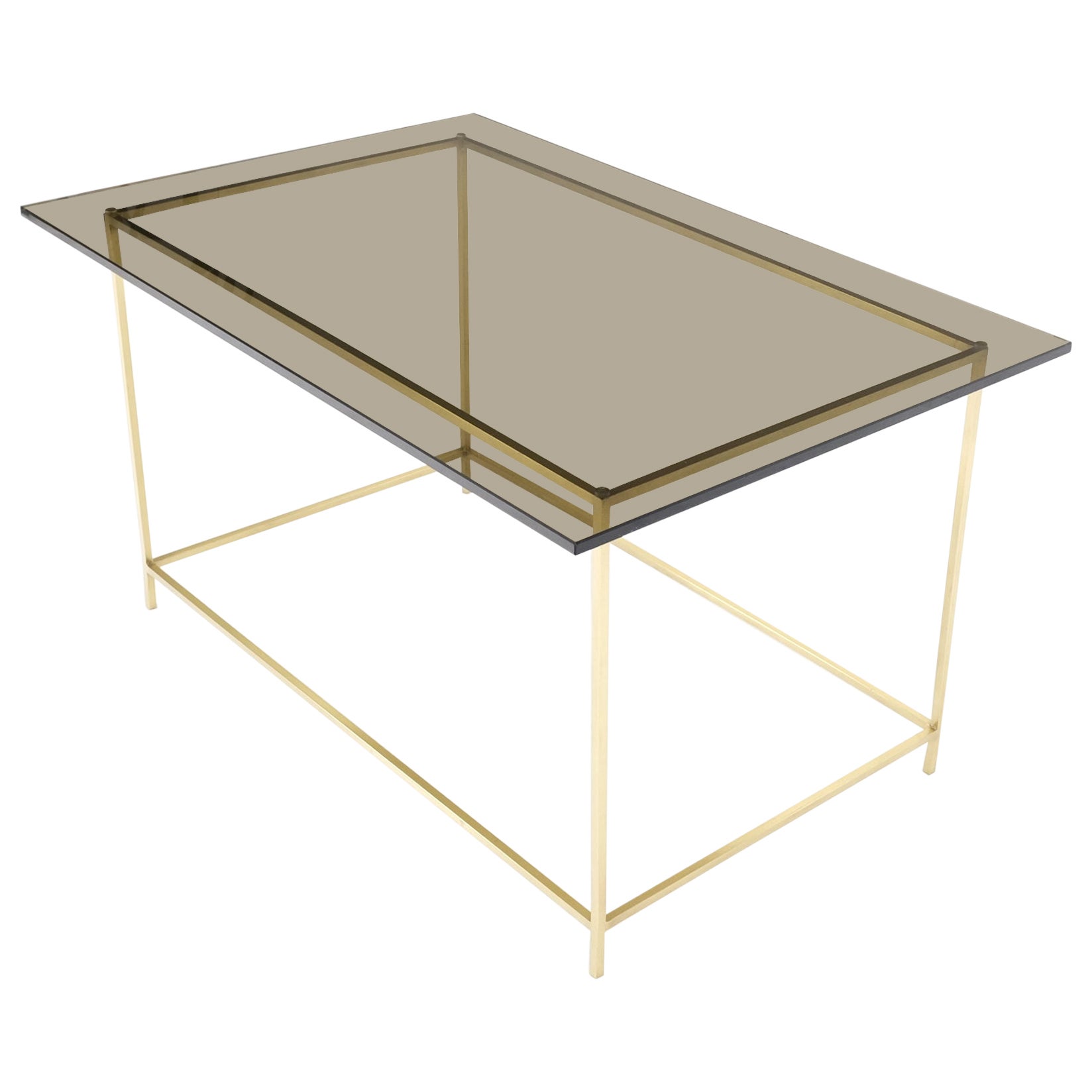 Square Solid Brass Bar Profile Base Rectangle Smoked Glass Top Coffee Side Table For Sale