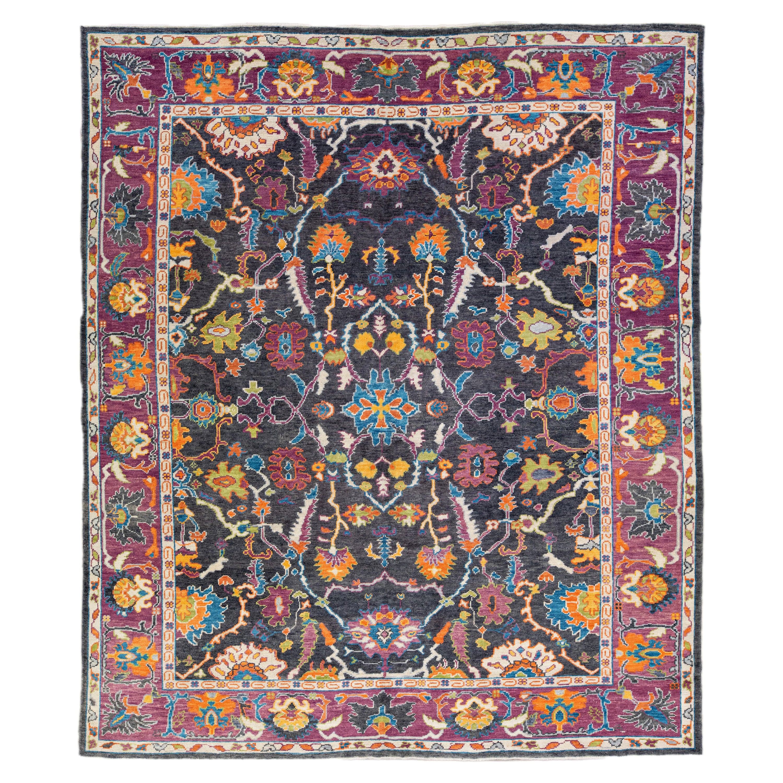 Modern Oushak Handmade Allover Floral Grey and Purple Wool Rug
