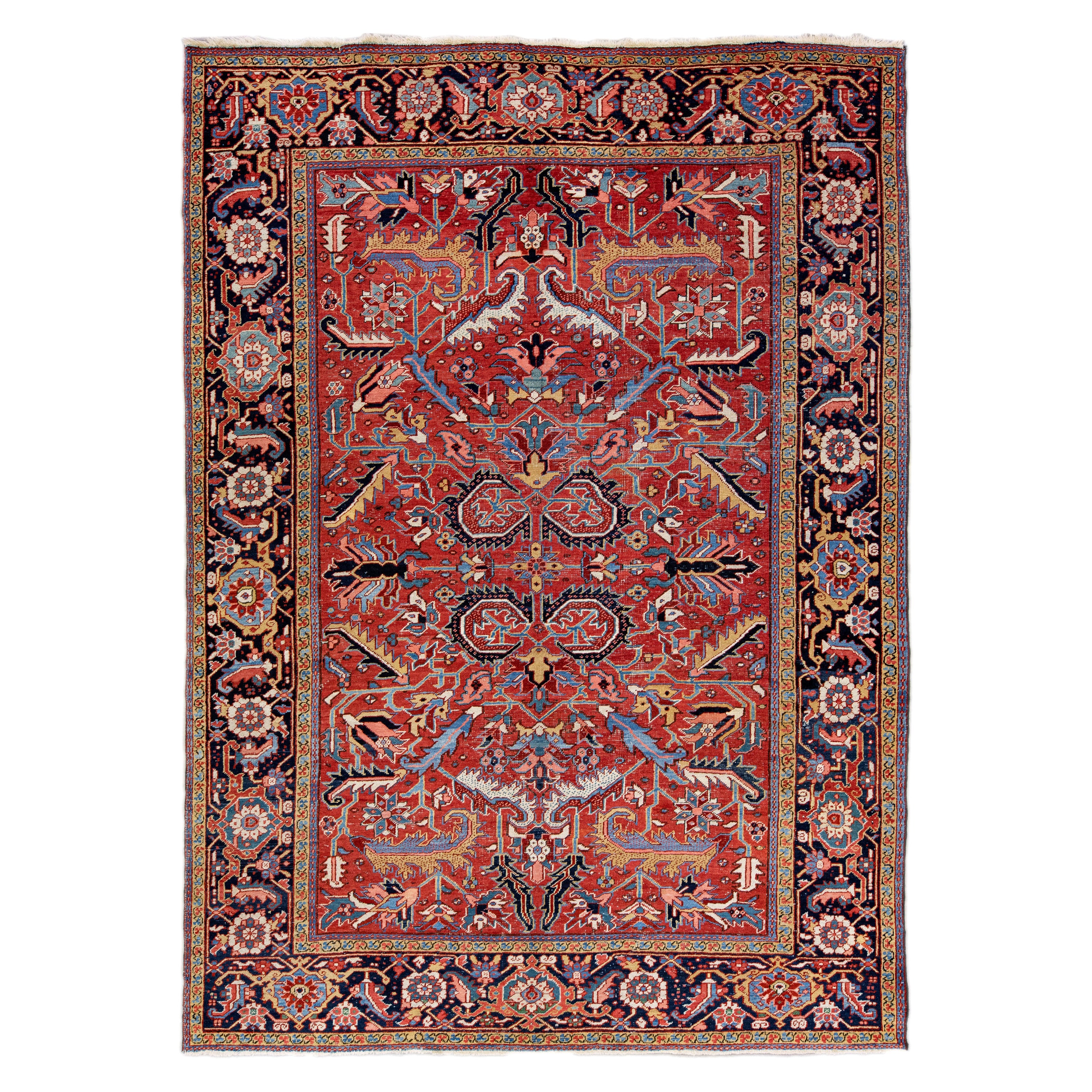 Antique Persian Heriz Handmade Allover Designed Red Wool Rug For Sale