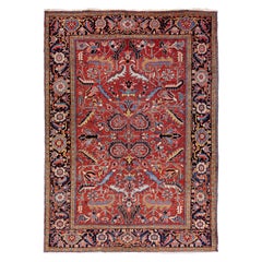 Antiker persischer Heriz handgefertigter Allover-Teppich aus roter Wolle