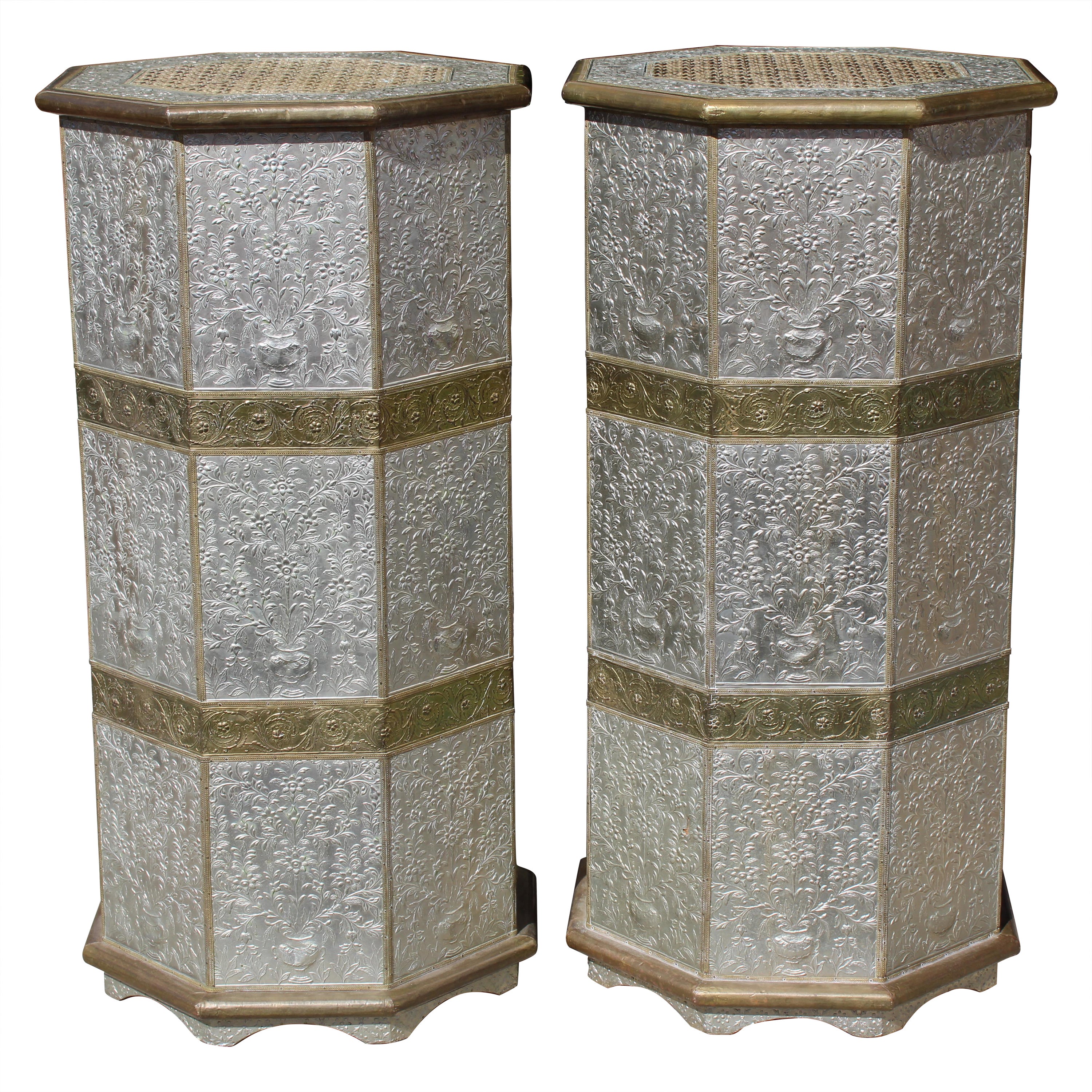 Pair of Octagonal Pedestals with Applied Brass and Tin Repoussé Panels For Sale