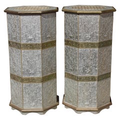 Pair of Octagonal Pedestals with Applied Brass and Tin Repoussé Panels