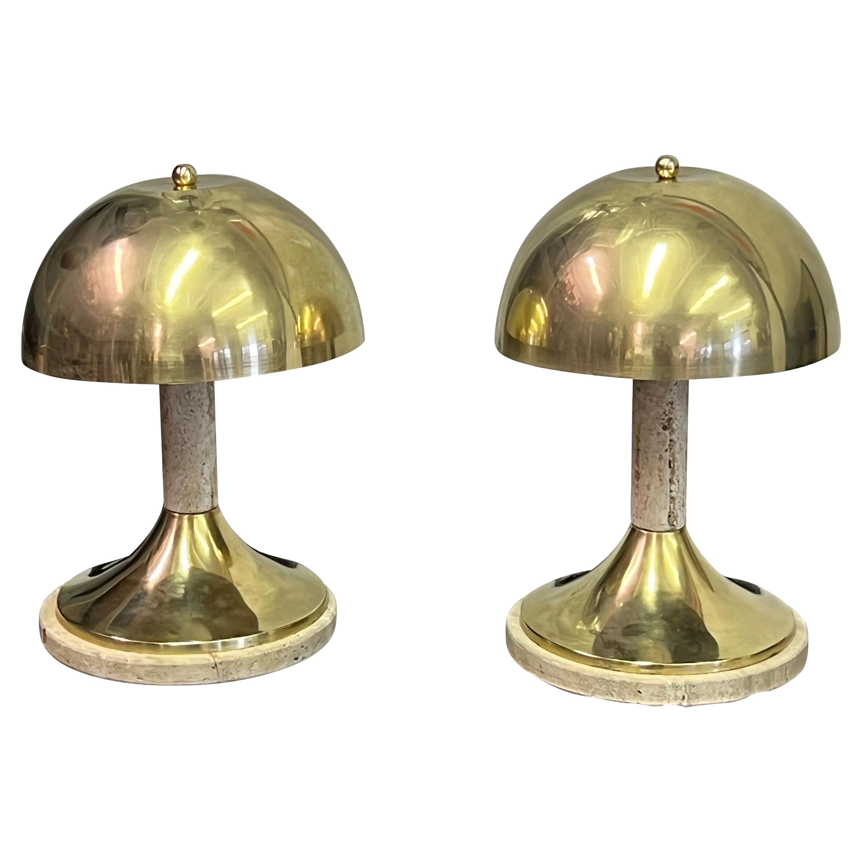 Pair Italian Mid-Century Modern Table Lamp, Brass & Travertine, Gabriella Crespi