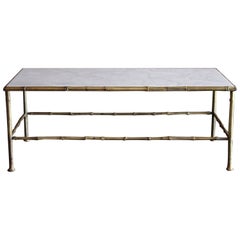 Brass Bamboo Motif Coffee Table with Mable Top by Maison Bagues, France, 1950s