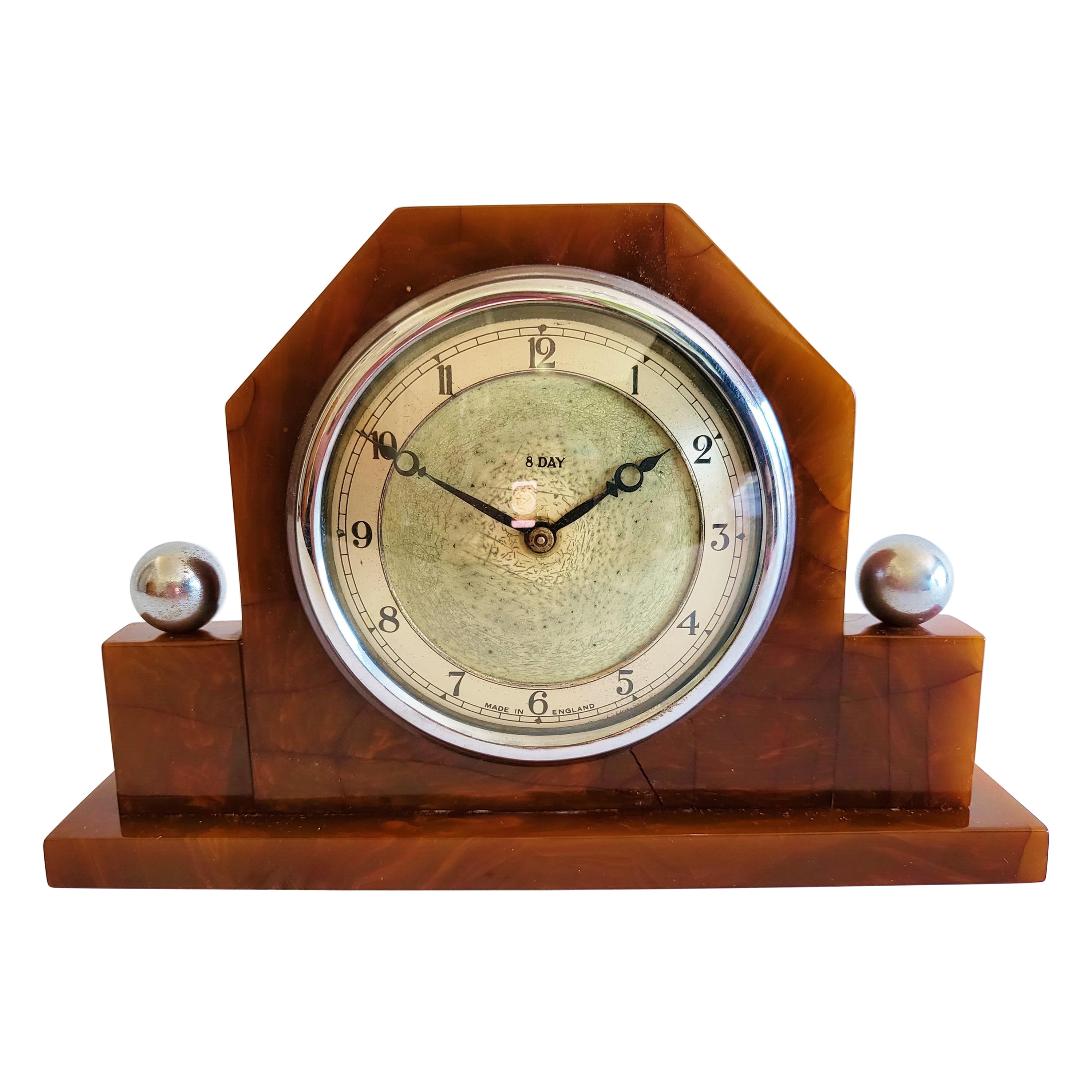 English Art Deco Solid Tortoiseshell Bakelite & Chrome Mechanical Desk Clock