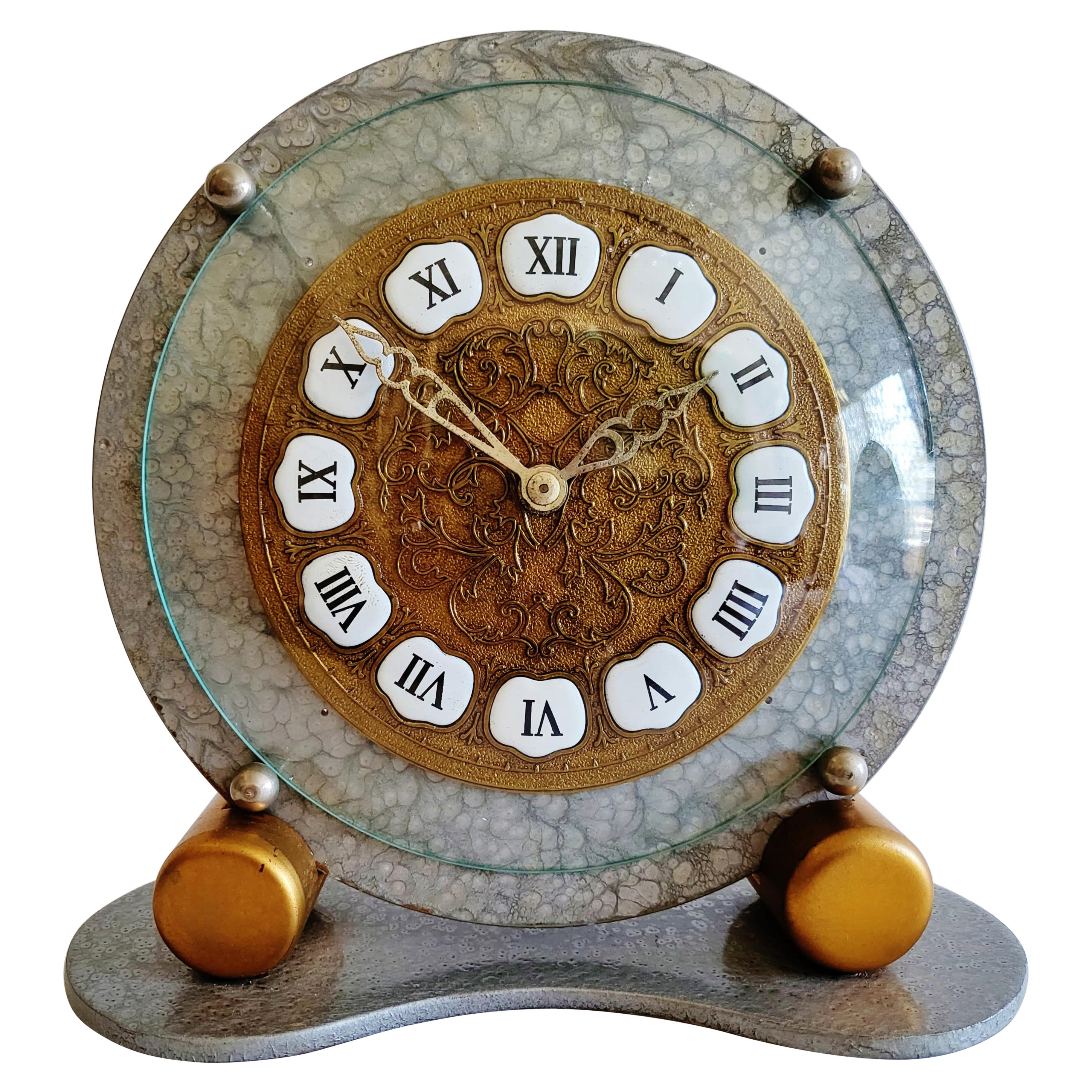 Eccentric English Art Deco / Baroque Wood, Brass & Porcelain Mechanical Clock  For Sale