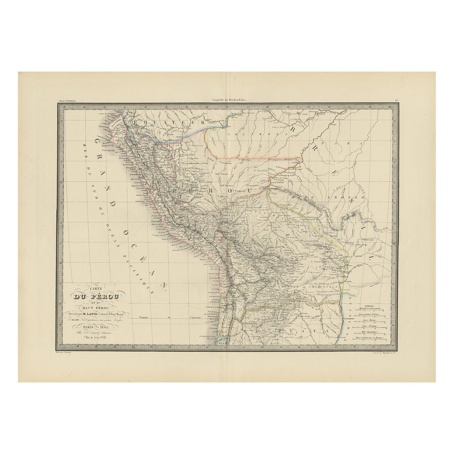 Antique Map of Peru, Ecuador and Bolivia by Lapie, 1842 For Sale