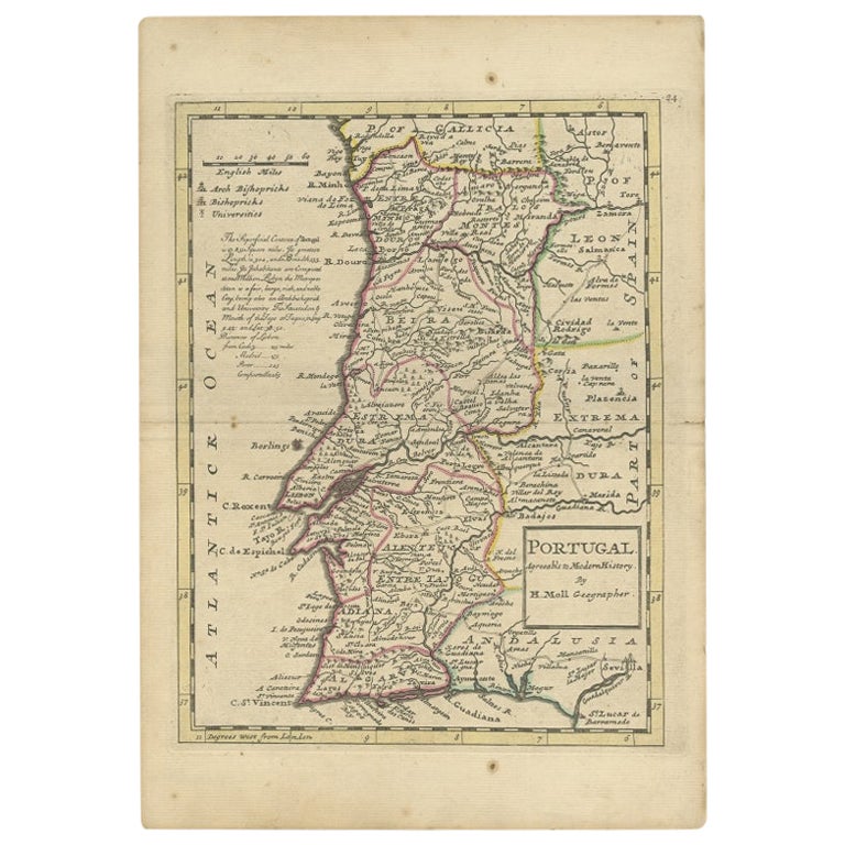 Antique Map of Portugal by Moll, 1727 For Sale