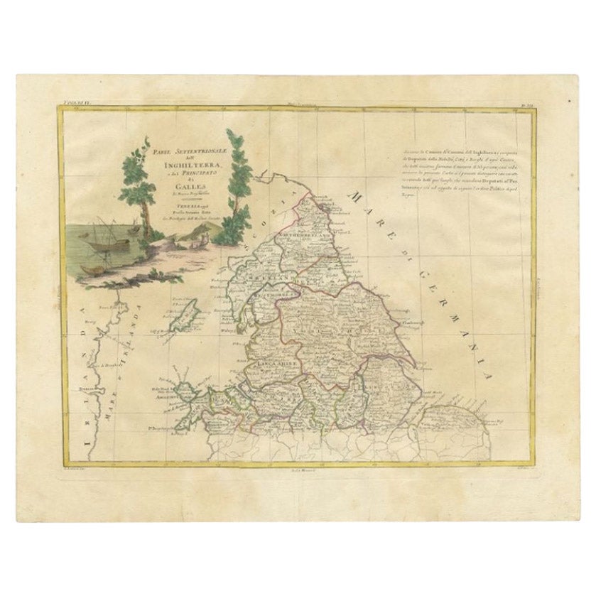 Antique Map of Northern England and Wales by Zatta, 1784 For Sale