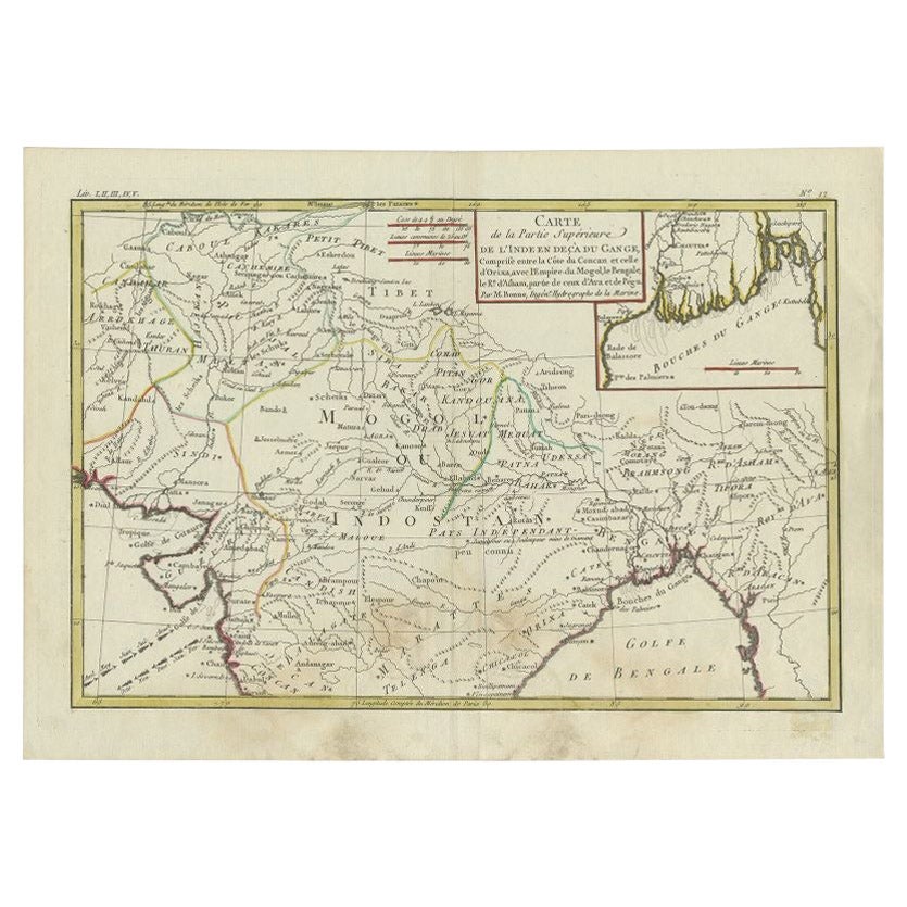 Antique Map of Northern India by Bonne, 1780 For Sale