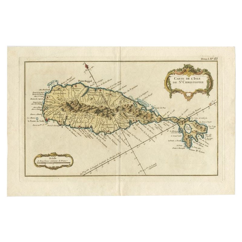Old Map of the island of Saint Christopher or St. Kitts in the Caribbean, c.1765 For Sale