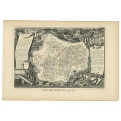 Antique Decorative Map of Saone and Loire in France, 1854