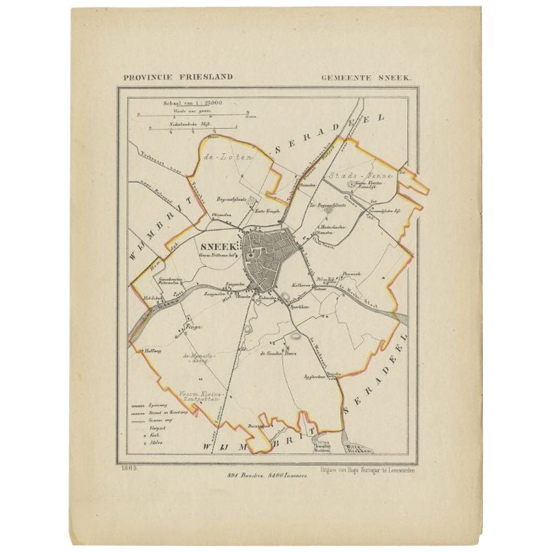Antique Map of Sneek by Kuyper, 1868 For Sale