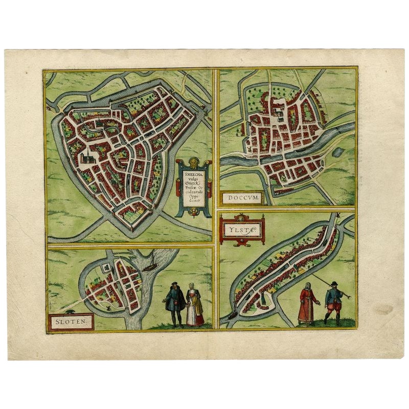 Antique Map of Sneek, Dokkum, Sloten and IJlst by Hogenberg, c.1572