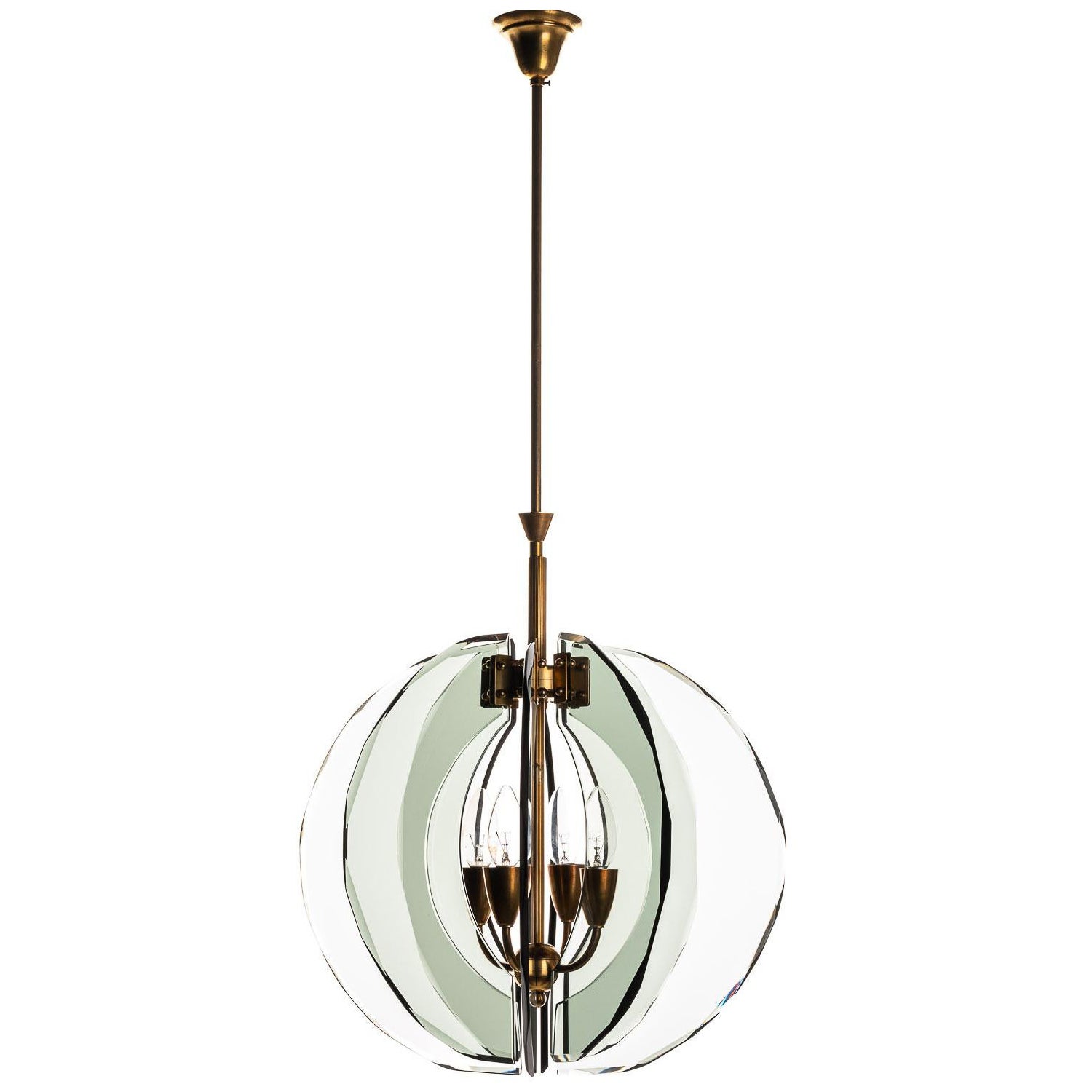 1960's Medium Large Glass and Brass Pendant by Zero Quattro
