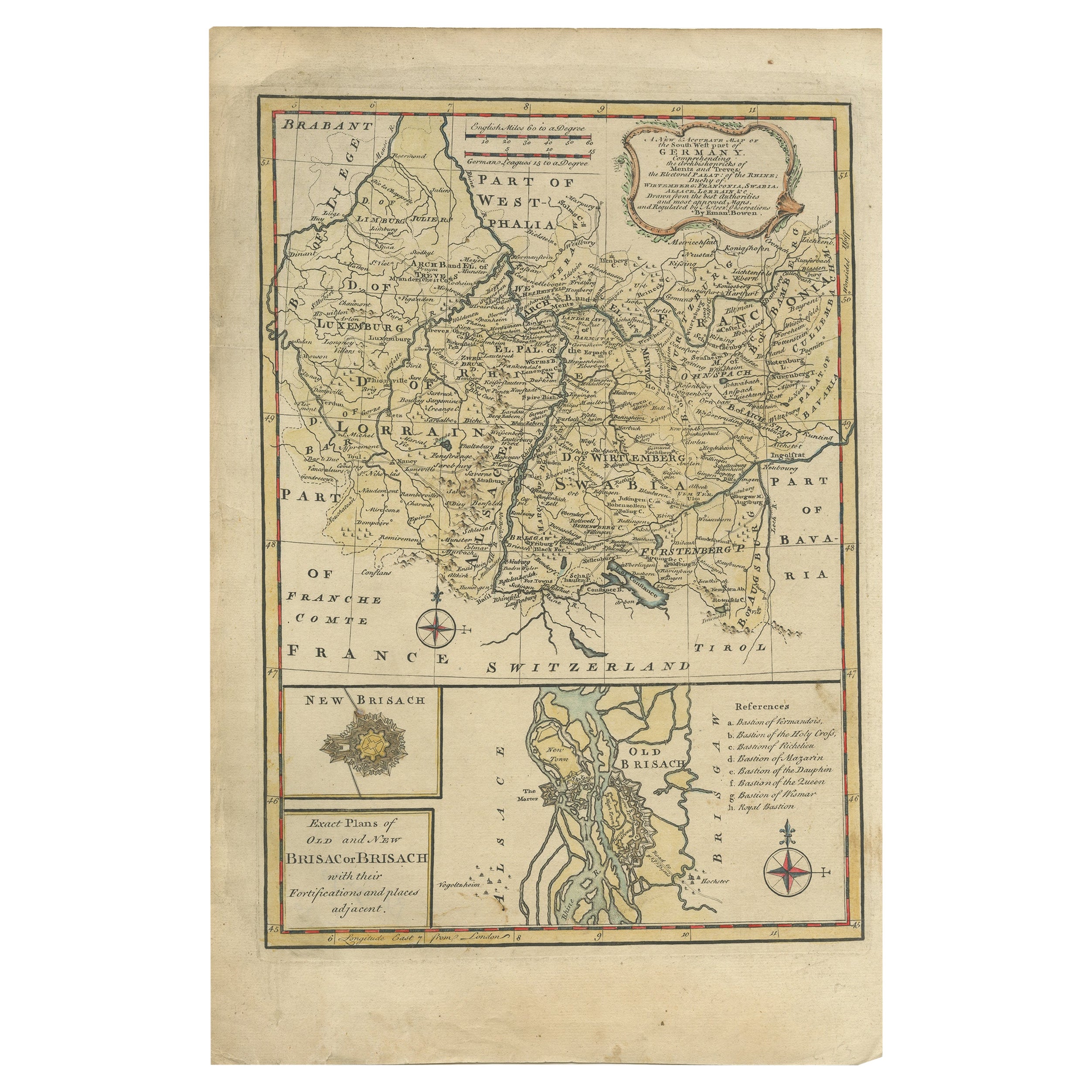 Antique map Germany titled 'A New and Accurate Map of the South West part of Germany. Comprehending the Archbishoprics of Mentz and Treves, the Electoral Palat, of the Rhine, Duchy of Wirtemberg, Franconia, Swabia, Alsace, Lorrain etc'. This map